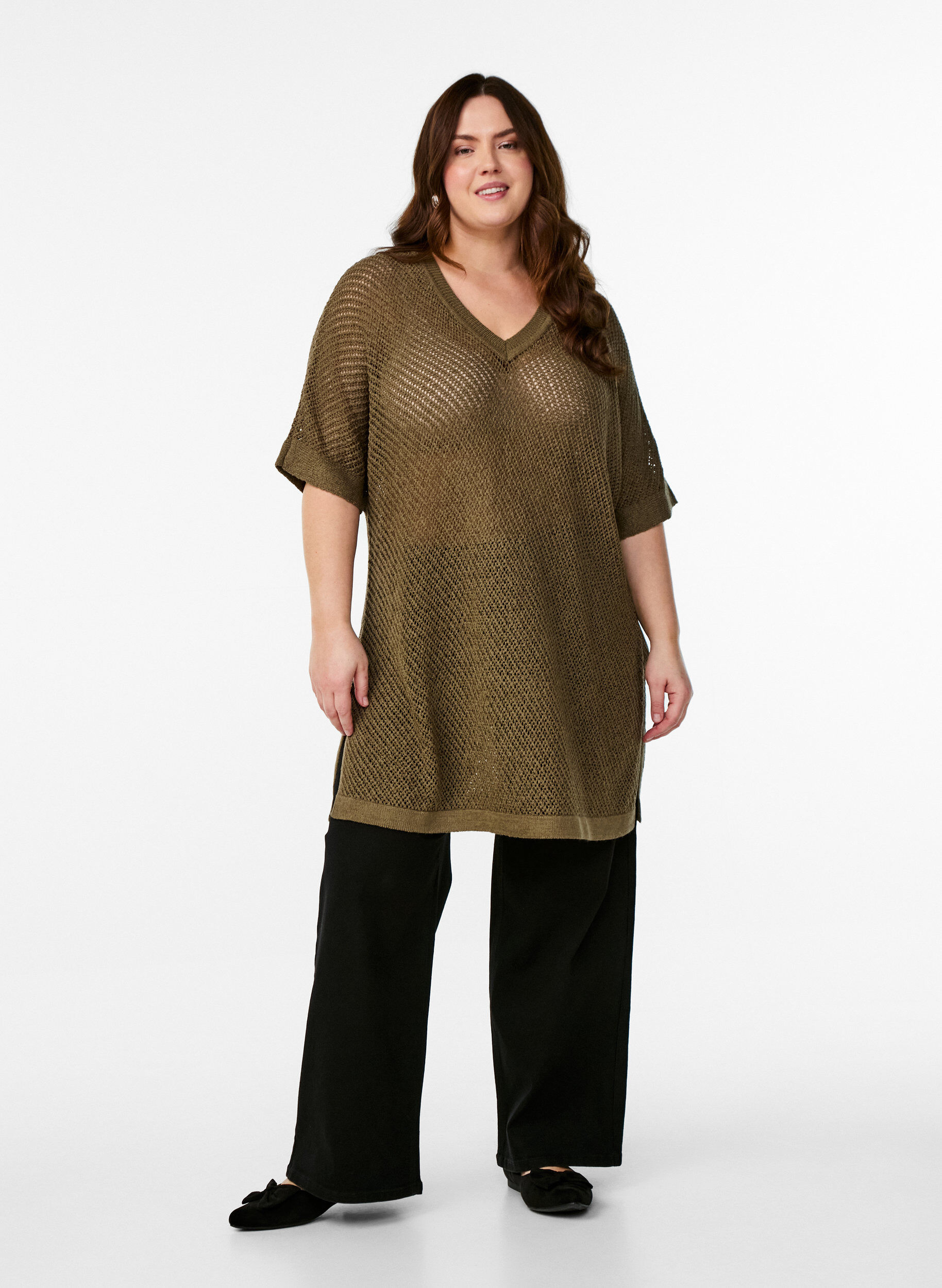 Zizzi FLASH - Lyhythihainen neulepusero v-aukolla, Vihre&auml;, Model image number 1