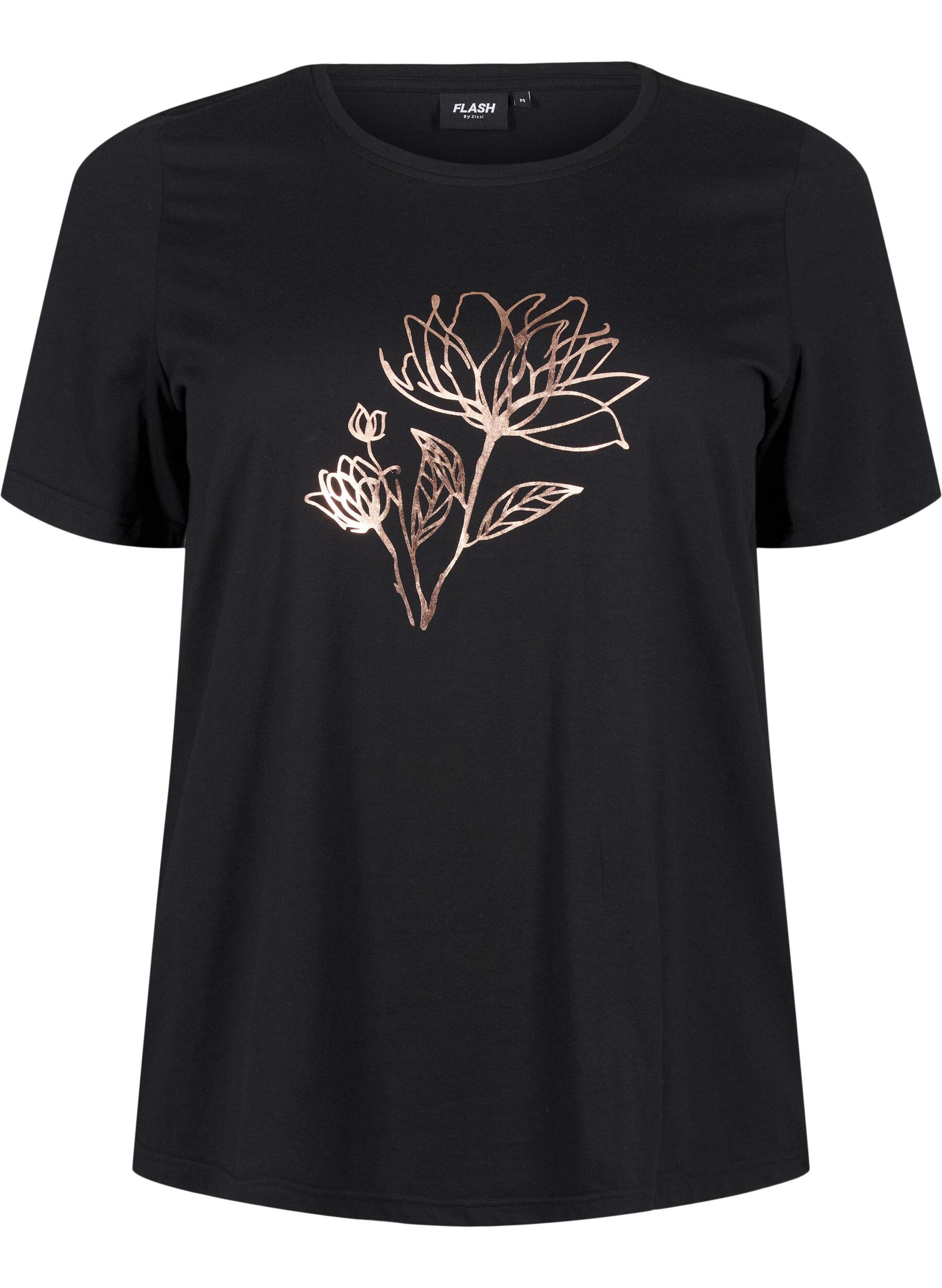 Zizzi FLASH &ndash; kuviollinen t-paita, Black R. Gold Flower, Packshot image number 0