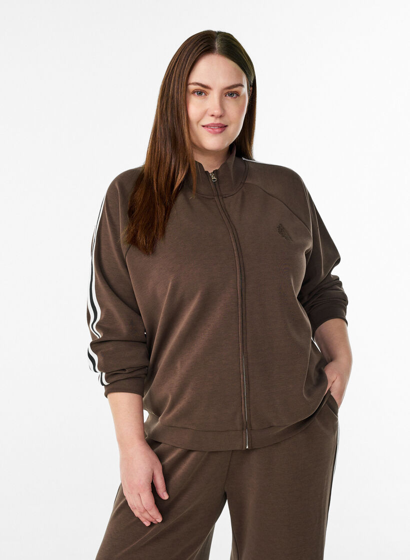 Korkeakauluksinen treenitoppi raidoilla hihoissa, Ruskea, Model image number 0