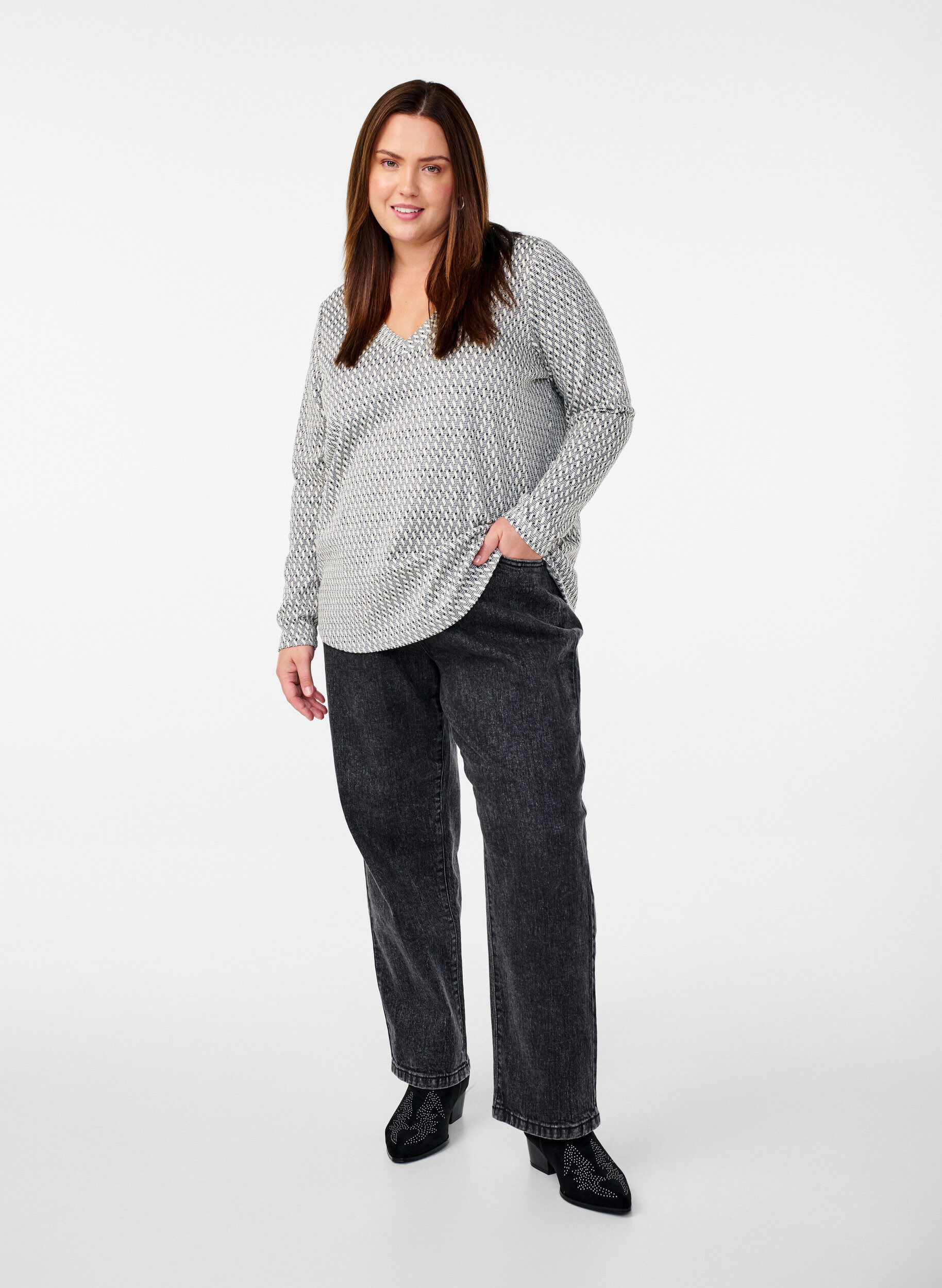 Zizzi Pusero kuvioidulla tekstuurilla ja kimallelangalla, Harmaa, Model image number 1