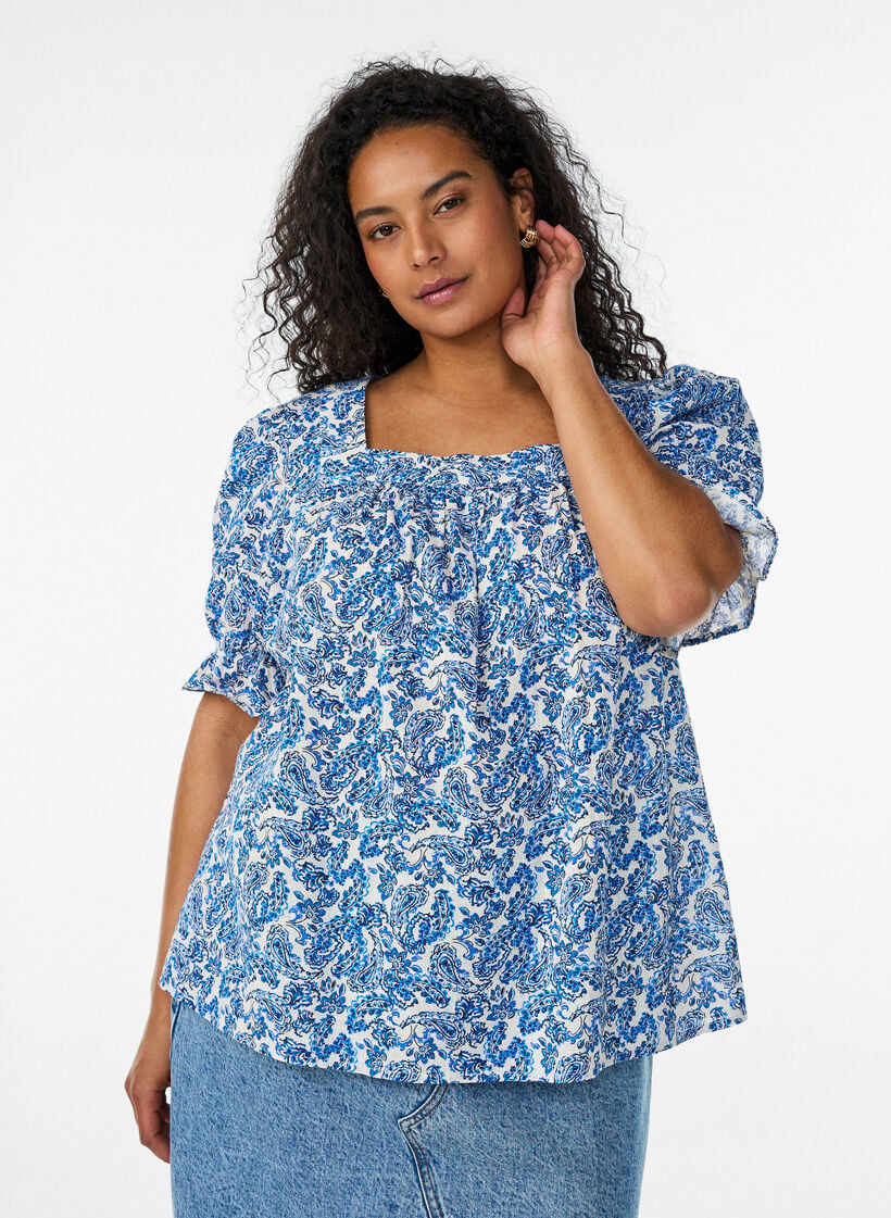 Puuvillapusero neli&ouml;m&auml;isell&auml; p&auml;&auml;ntiell&auml;, Sininen, Model image number 0