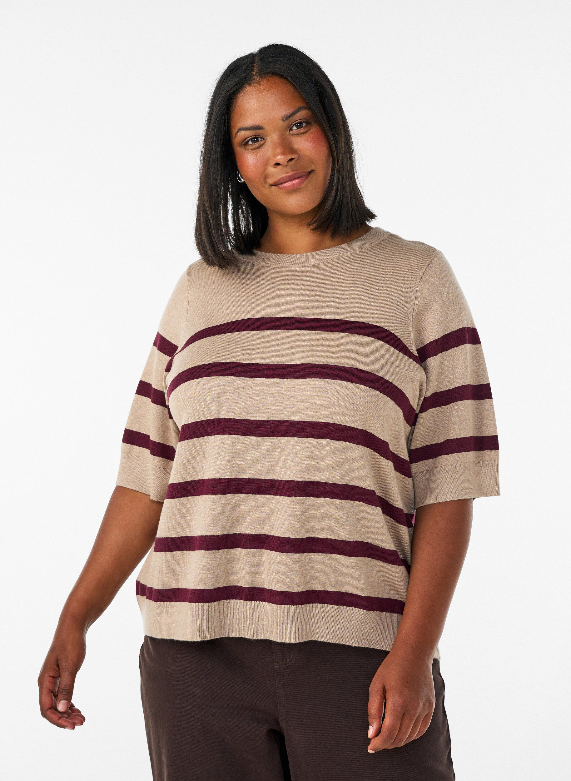ZizziRaidallinen neulepaita lyhyill&auml; hihoilla, Beige, Model image number 0