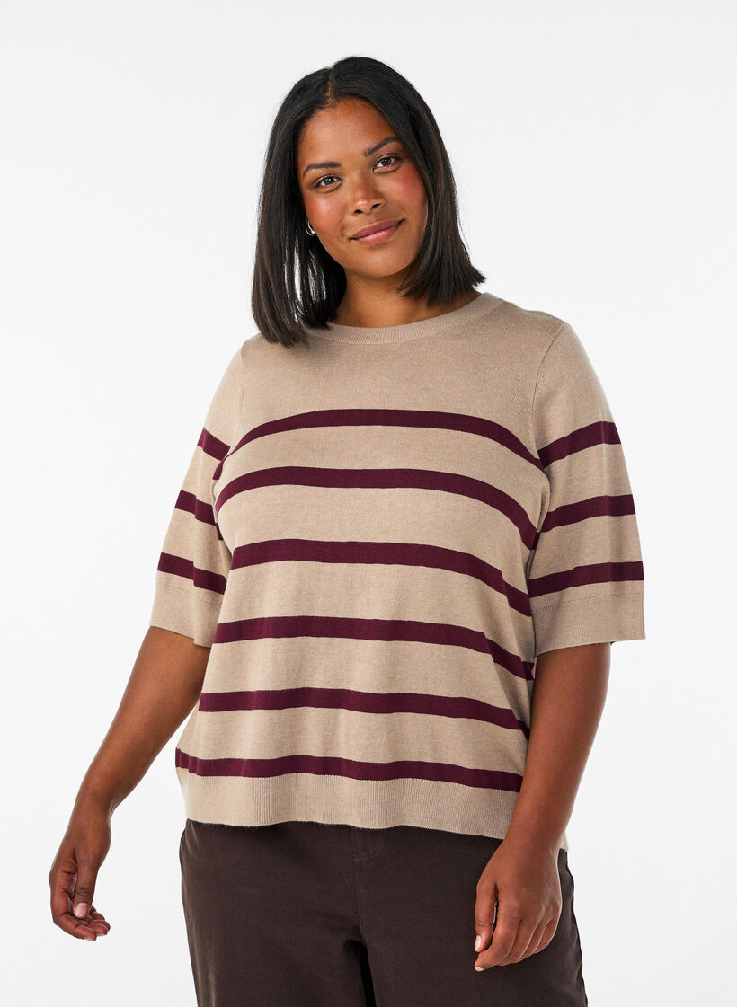 Raidallinen neulepaita lyhyill&auml; hihoilla, Beige, Model image number 0