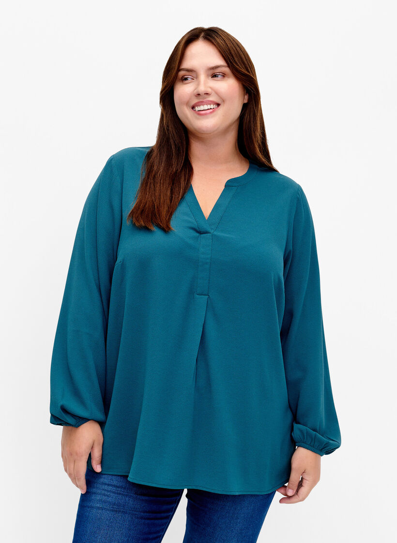 Yksivärinen pusero v-aukolla, Deep Teal, Model image number 0