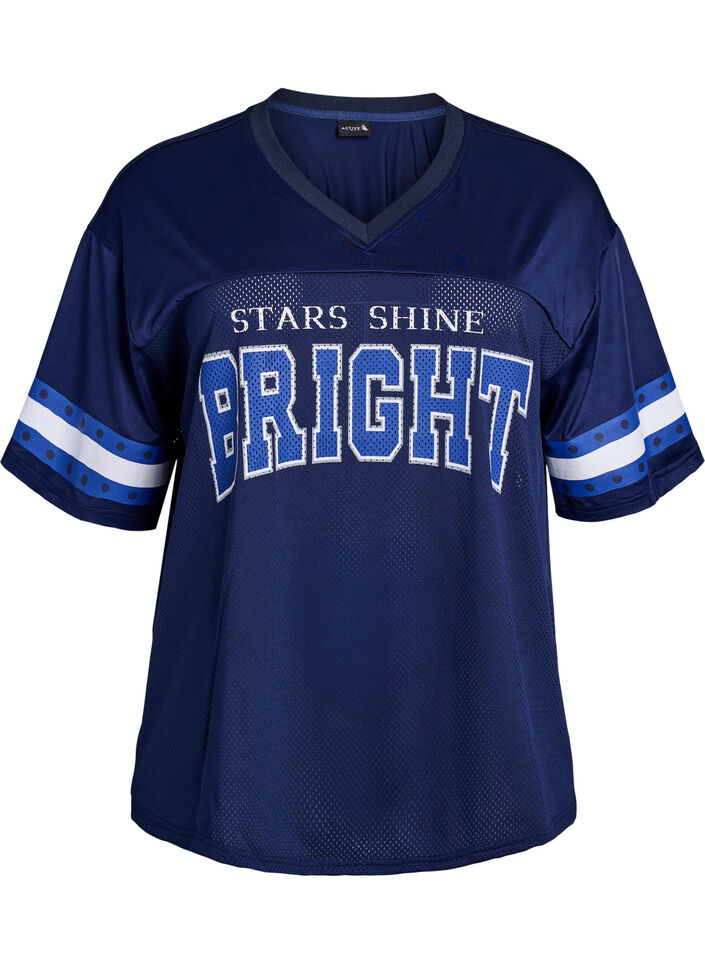 V-aukollinen treenipaita etupuolen printill&auml;, Sininen, Packshot image number 0