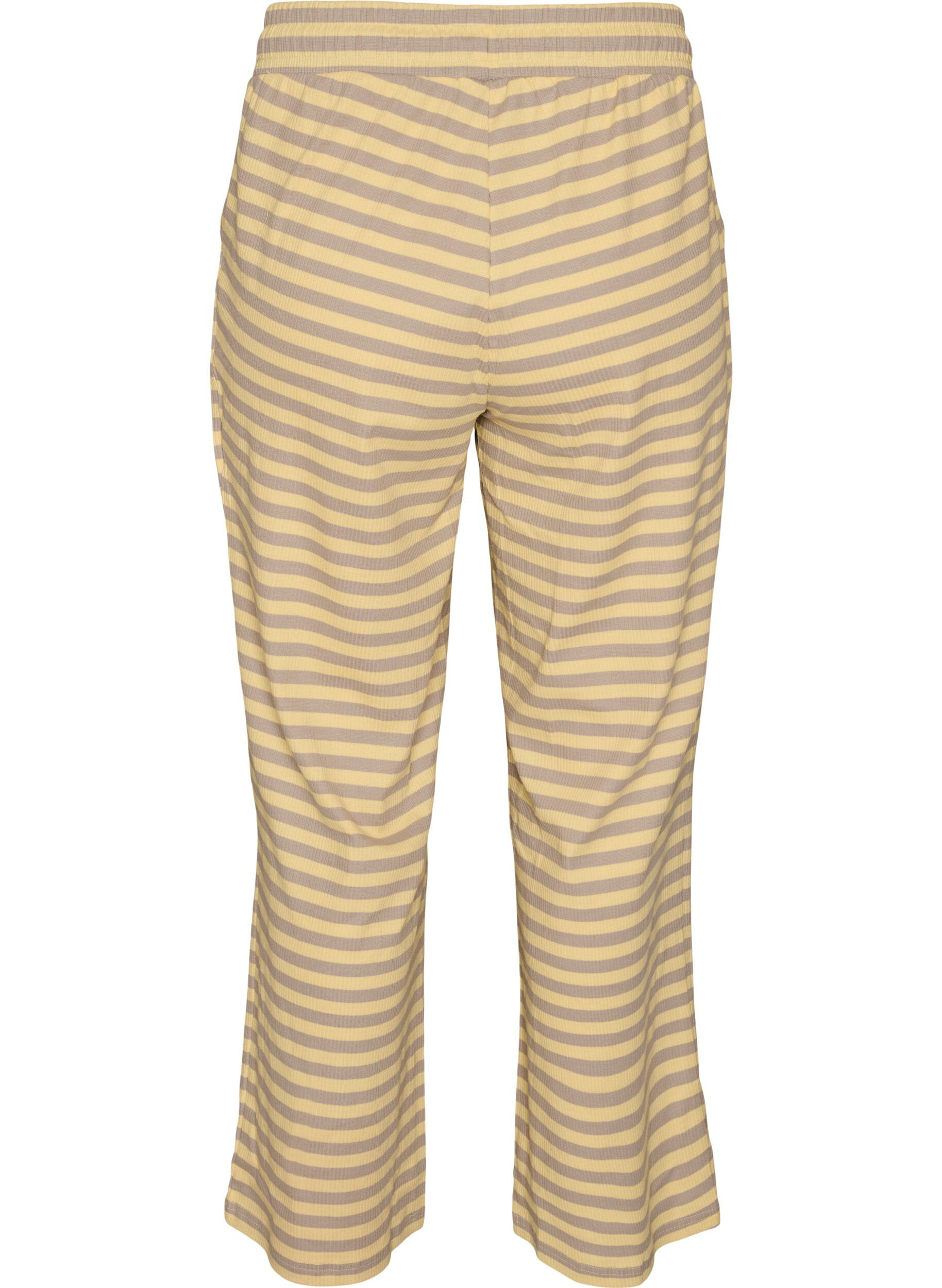 ZizziRaidalliset pyjamahousut korkealla vy&ouml;t&auml;r&ouml;ll&auml; ja leveill&auml; lahkeilla, Keltainen, Packshot image number 1