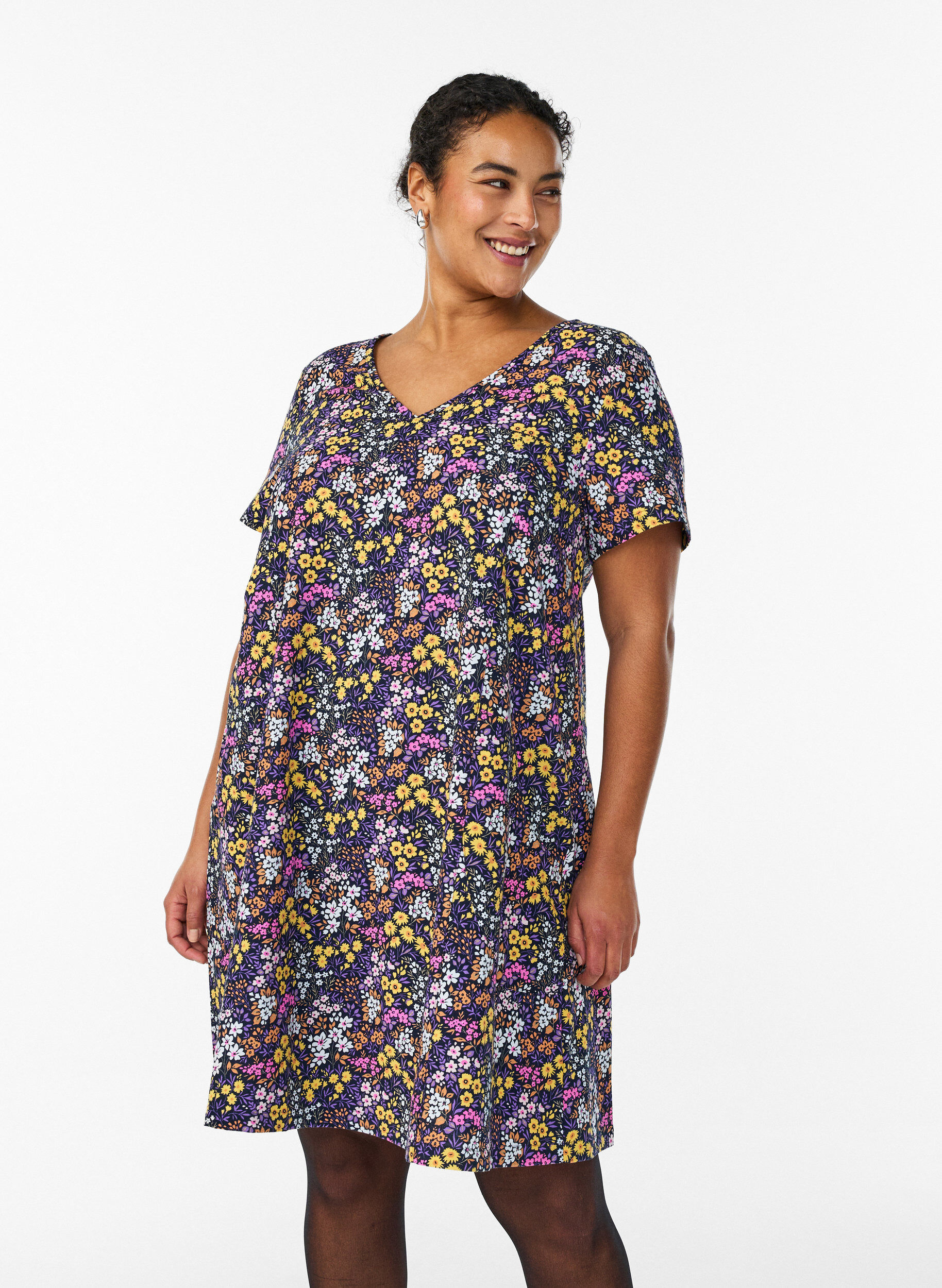 Lyhyt a-linjainen mekko kukkakuviolla, Sininen, Model