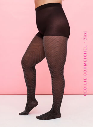 Kimaltavat sukkahousut raidallisella kuviolla, Black, Model image number 0