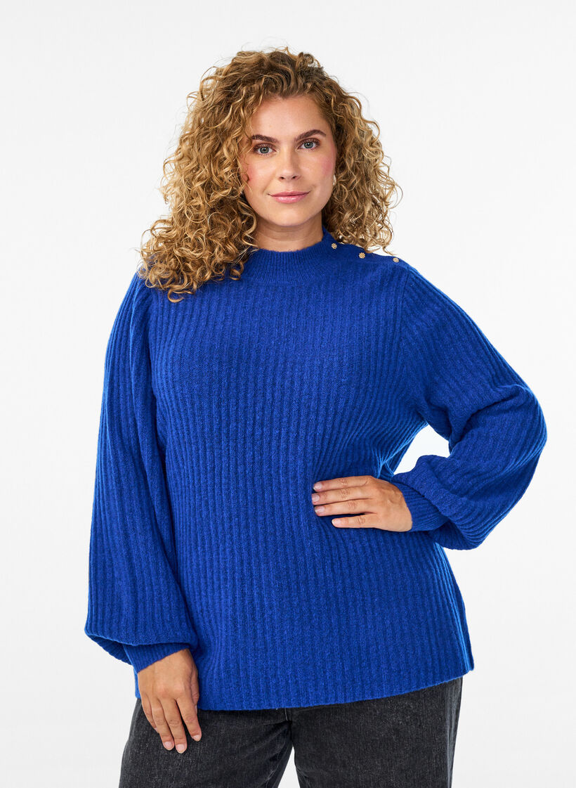 Ribattu neulepusero puff-hihoilla ja napeilla, Sininen, Model image number 0