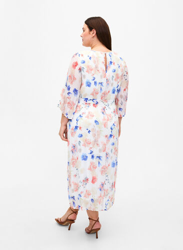 Kukkakuvioinen laskostettu mekko kiristysnauhalla, White/Blue Floral, Model image number 1