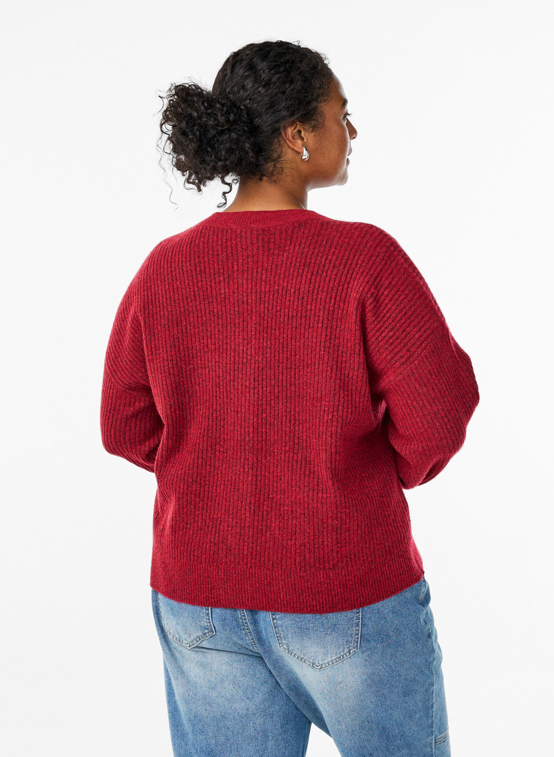 ZizziRibbineuloksesta valmistettu neuletakki napeilla, Punainen, Model image number 1