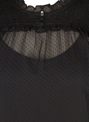 Korkeakauluksinen pusero smokkirypytyksellä ja röyhelöllä, Black, Packshot image number 2