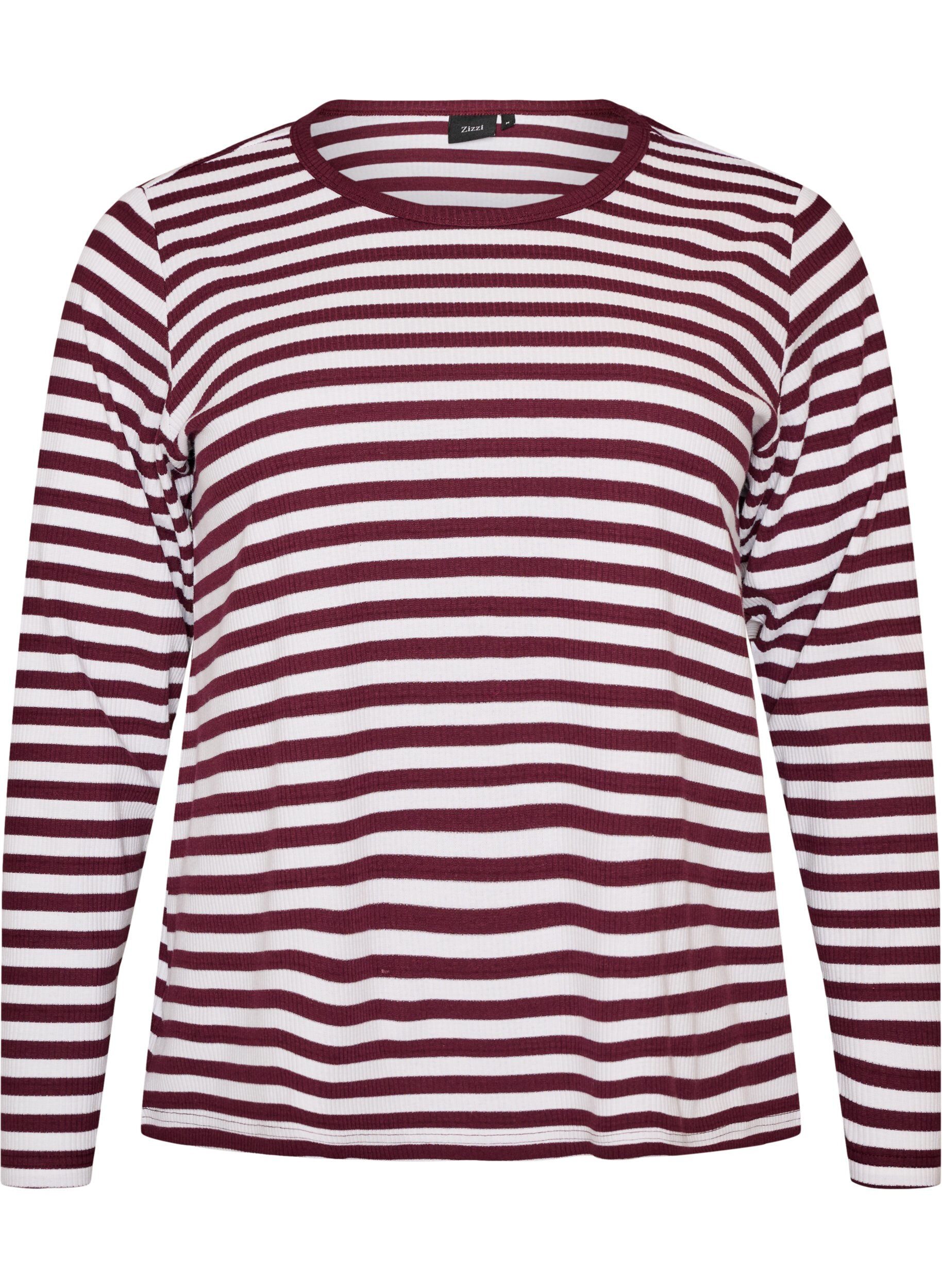 ZizziPitk&auml;hihainen y&ouml;paita ribatusta jerseyst&auml;, jossa on raitoja, Punainen, Packshot image number 0