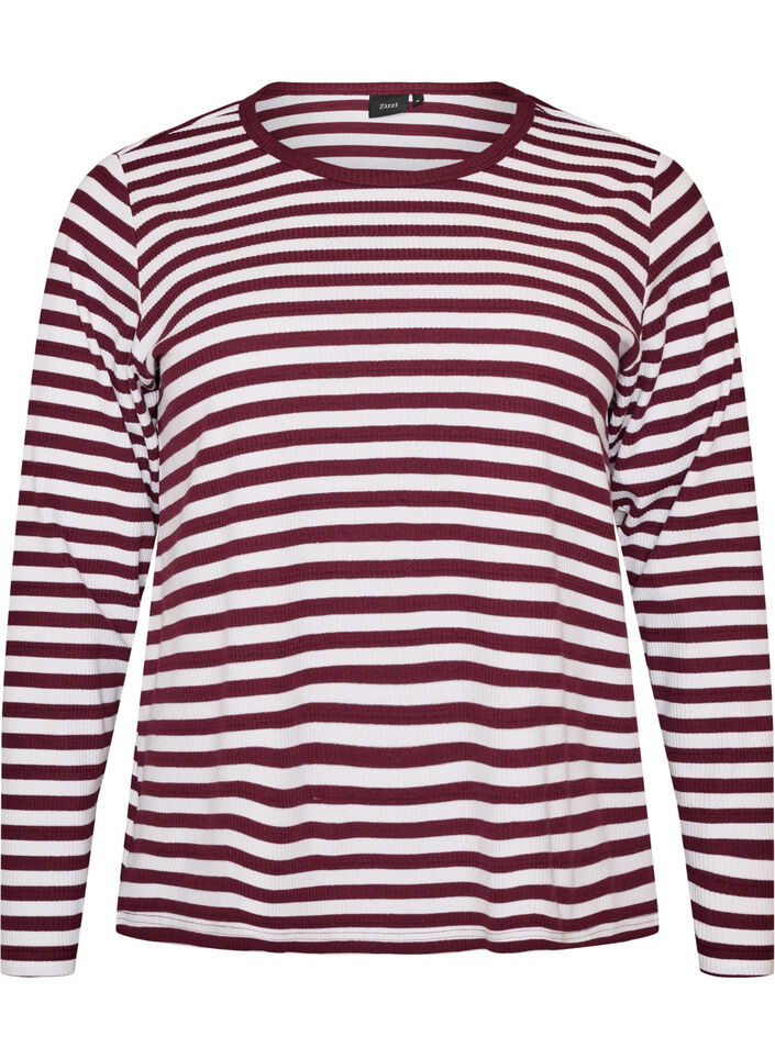 Pitk&auml;hihainen y&ouml;paita ribatusta jerseyst&auml;, jossa on raitoja, Punainen, Packshot image number 0