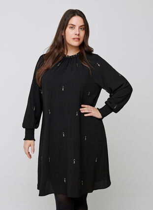 Pitkähihainen mekko helmillä ja smokkirypytyksellä, Black, Model image number 0