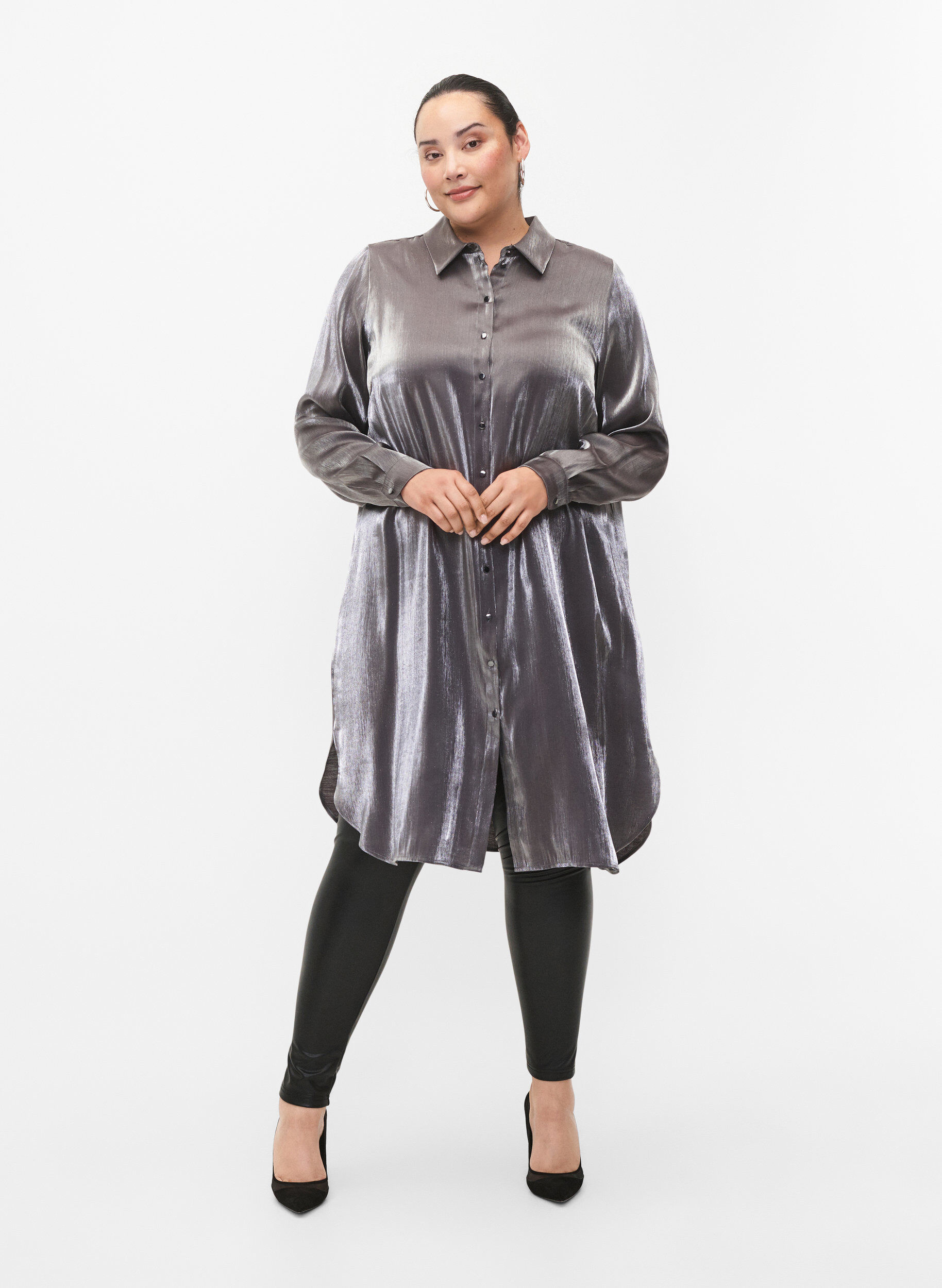 Zizzi Pitk&auml; hopeanv&auml;rinen paita, Dark Silver, Model image number 3