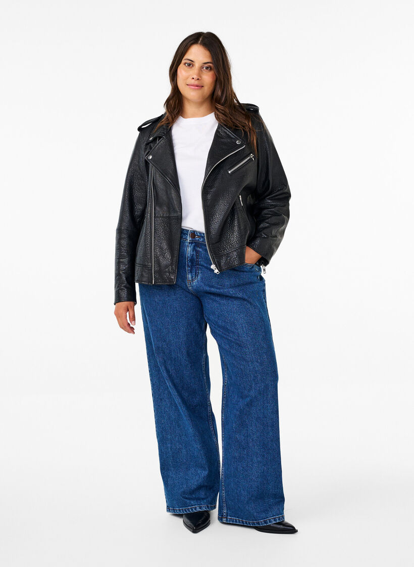 Nahkainen biker-takki taskuilla, Black, Model image number 2