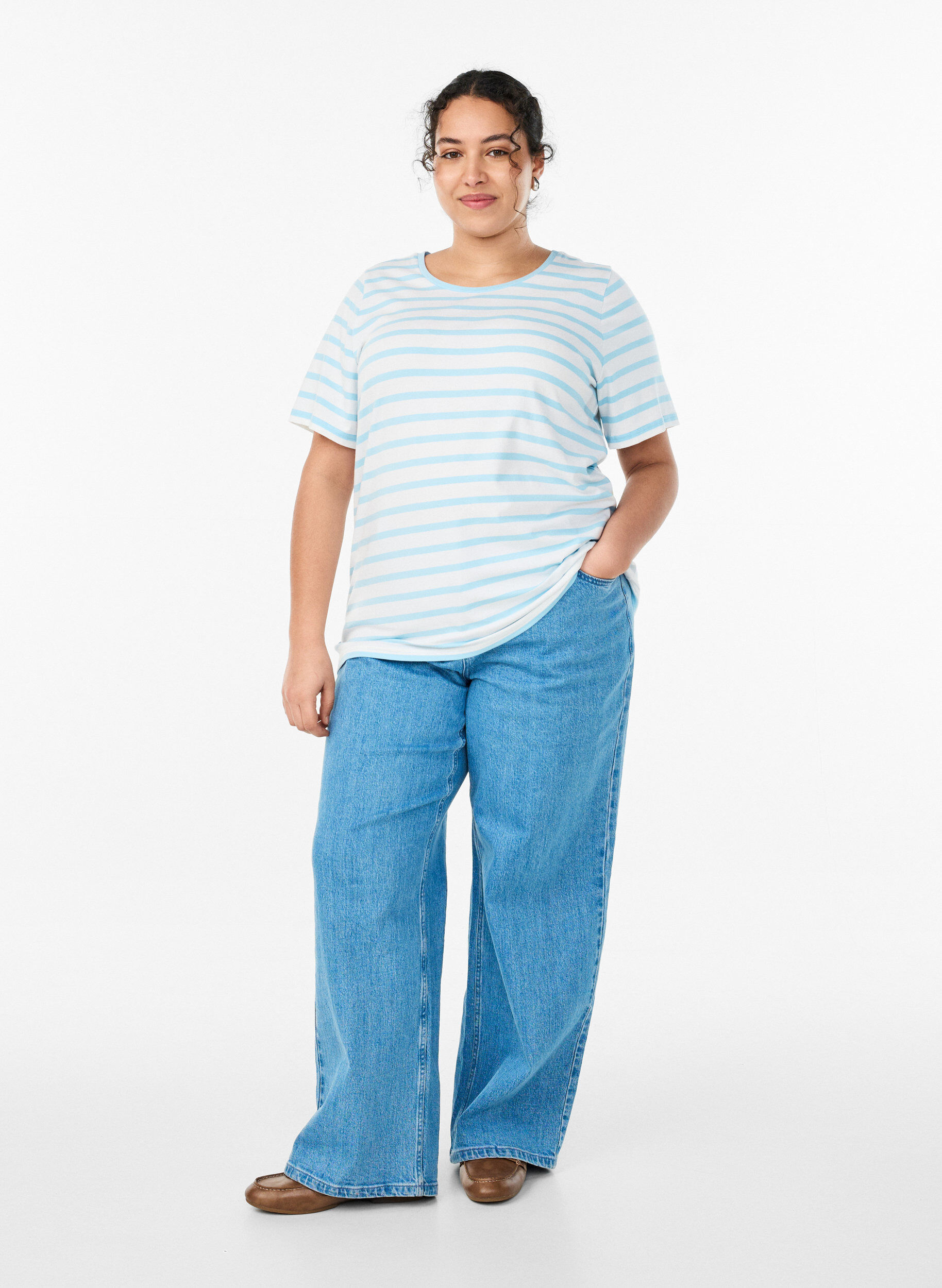 Zizzi Raidallinen t-paita luomupuuvillaa, Sininen, Model image number 1