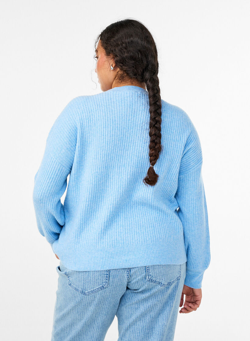 Ribbineuloksesta valmistettu neuletakki napeilla, Sininen, Model image number 2