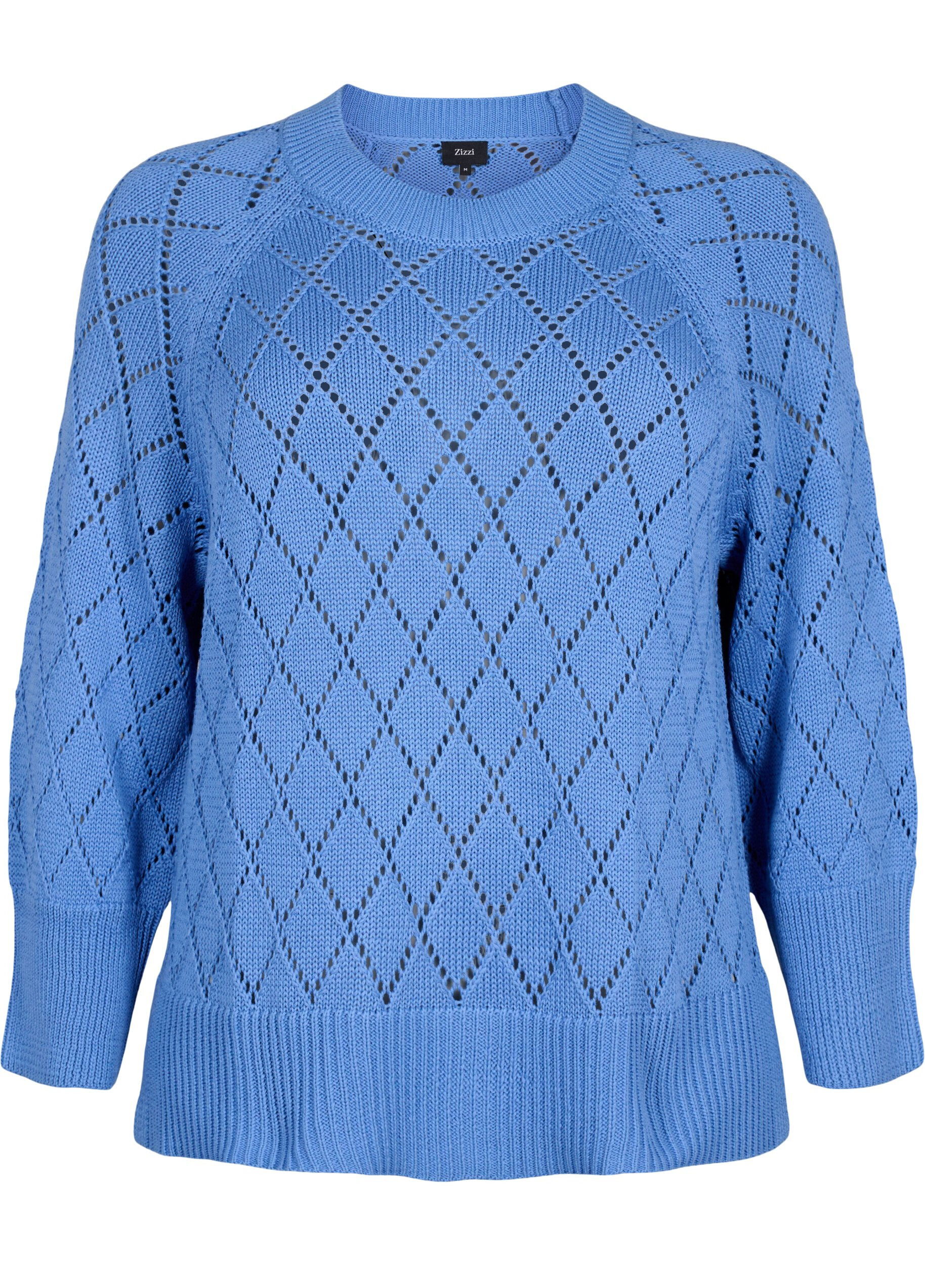ZizziPitk&auml;hihainen neulepusero reik&auml;kuviolla, Blue Bonnet, Packshot image number 0