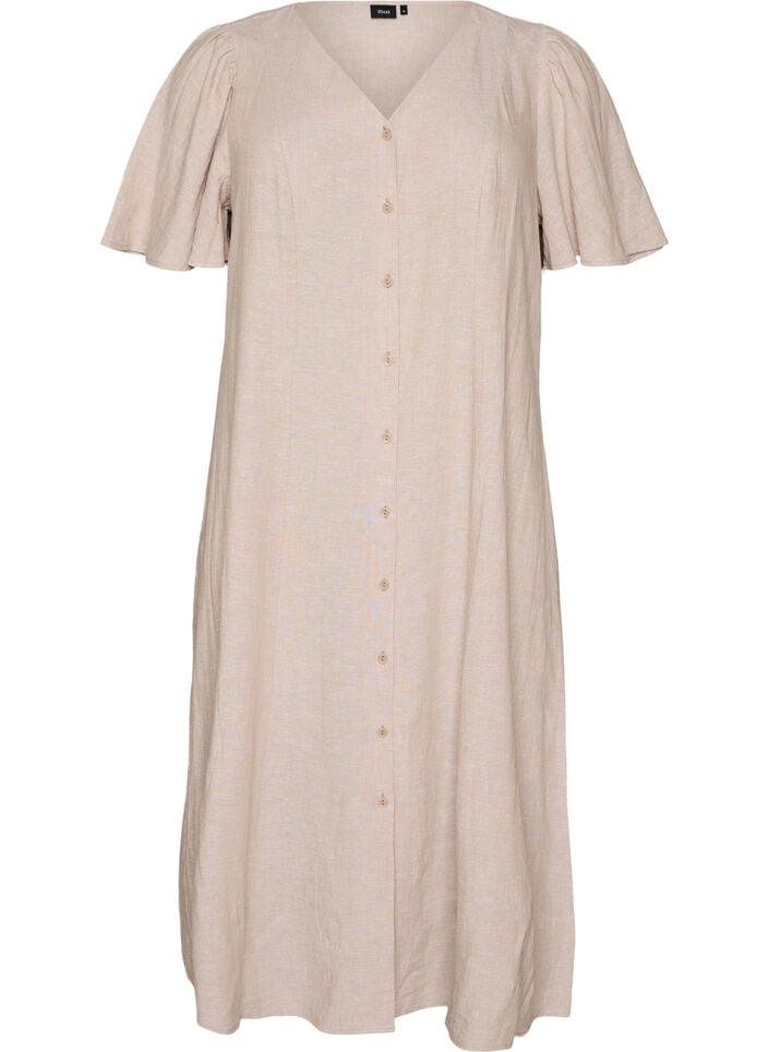 Midimekko pellava- ja viskoosisekoitteesta r&ouml;yhel&ouml;hihoilla, Beige, Packshot image number 0
