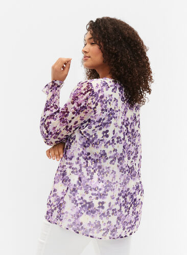 Kuosillinen, v-aukkoinen pusero pitkillä hihoilla, Beige/Purple Flower, Model image number 1