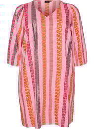 Lyhyt mekko pellavasta ja viskoosista, 3/4-hihoilla, Vaaleanpunainen