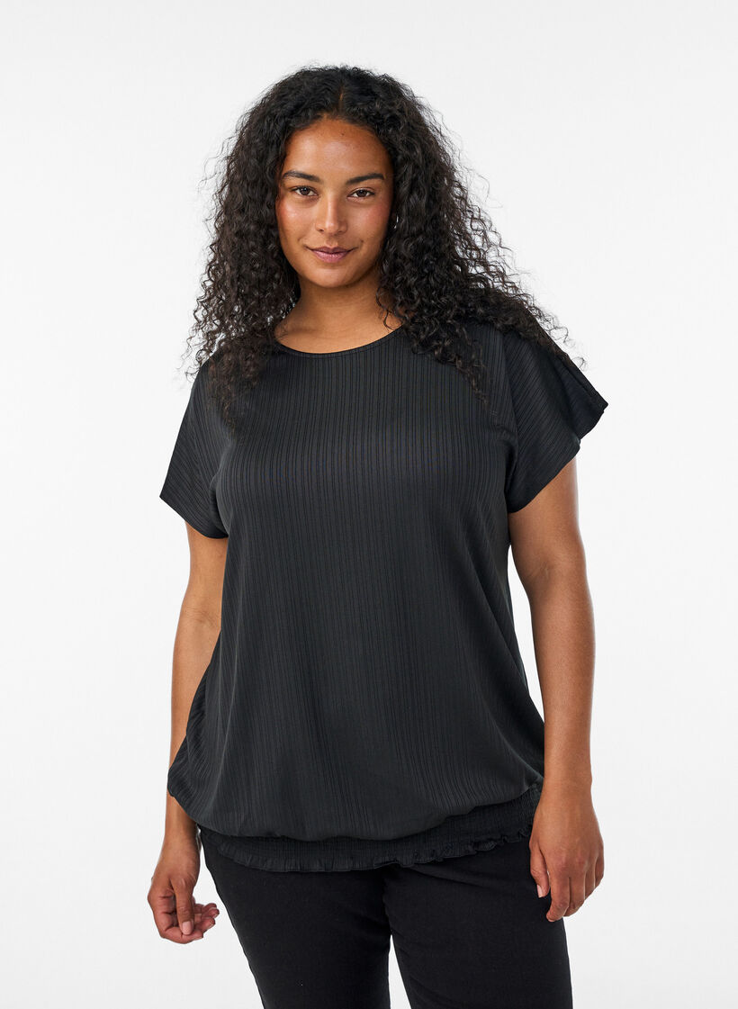 Jersey pusero raidallisella tekstuurilla ja smokkireunalla, Musta, Model image number 0