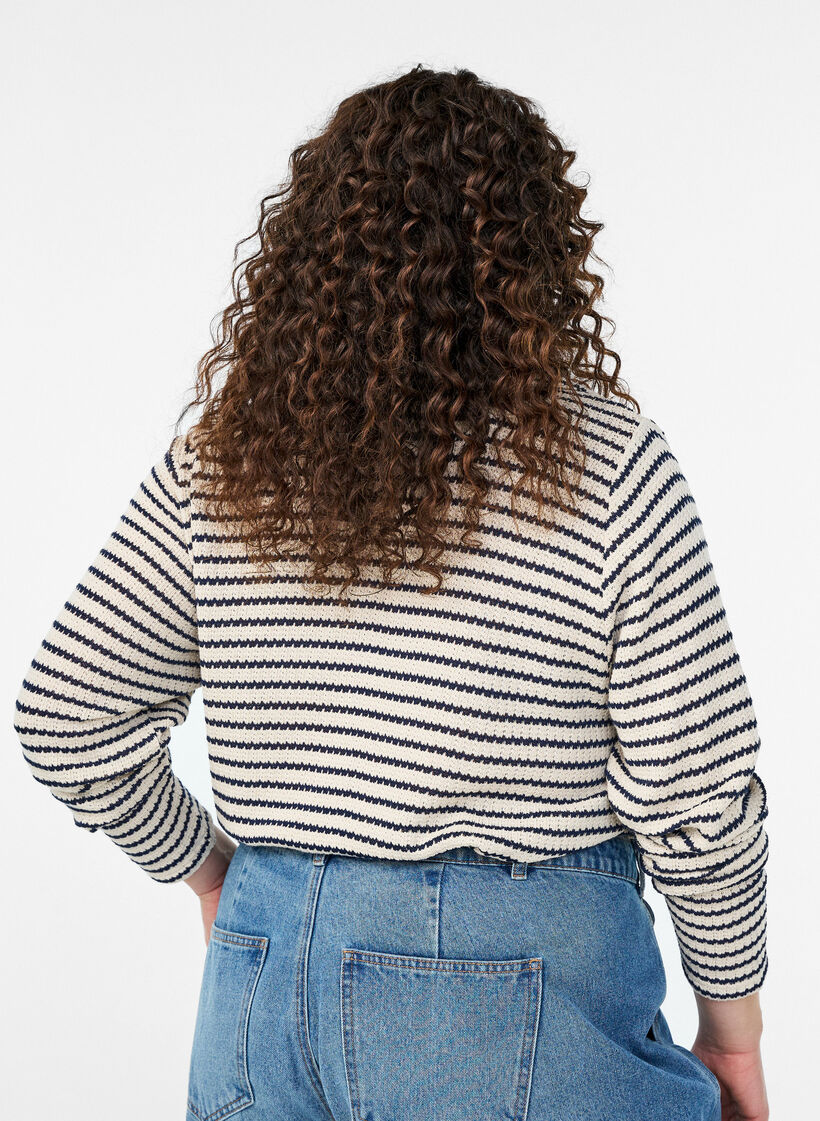 Raidallinen jersey-pusero kauluksella ja V-pääntiellä, Beige, Model image number 2