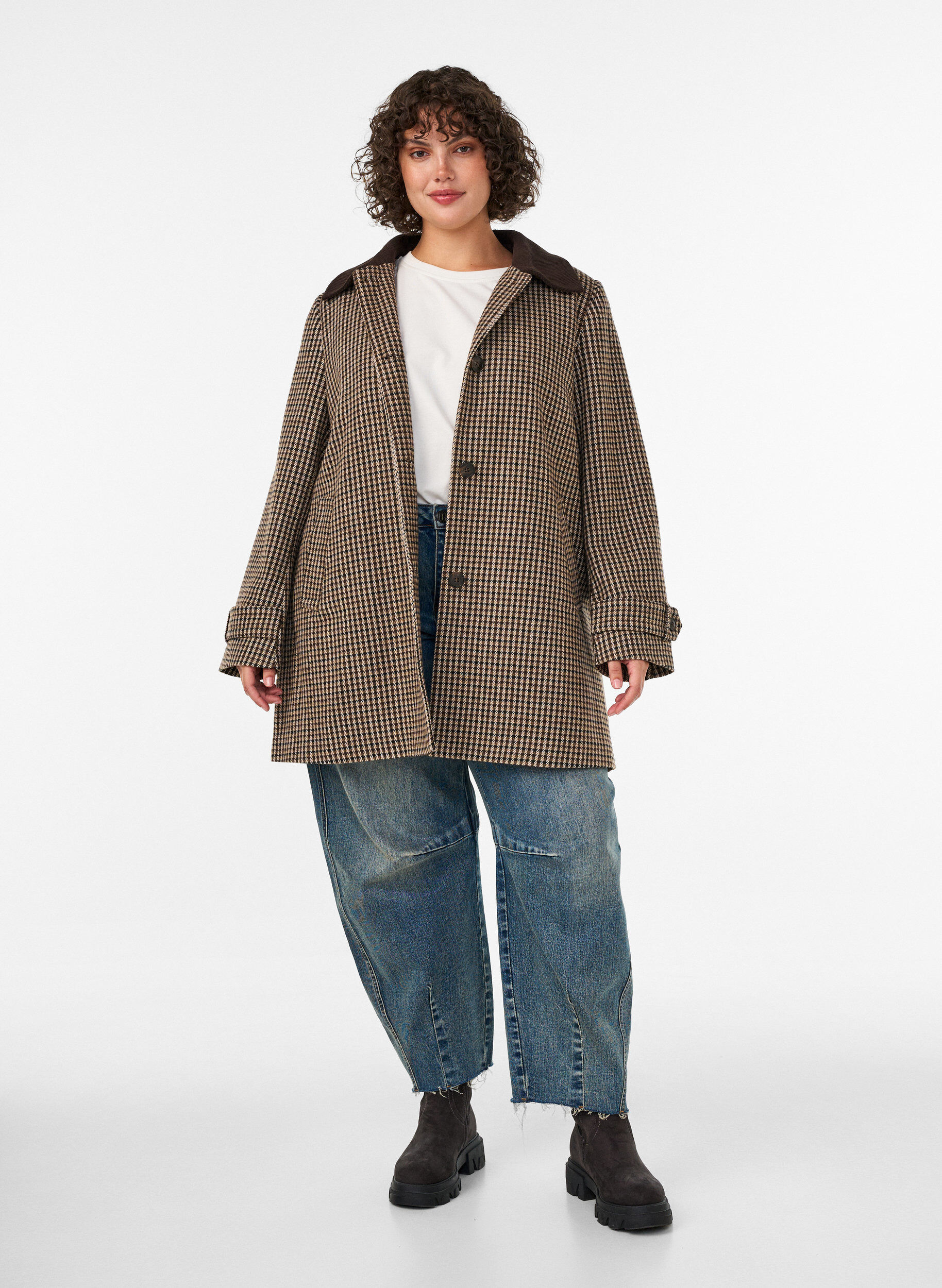 ZizziRuudullinen takki vakosametilla kauluksessa, Ruskea, Model image number 1