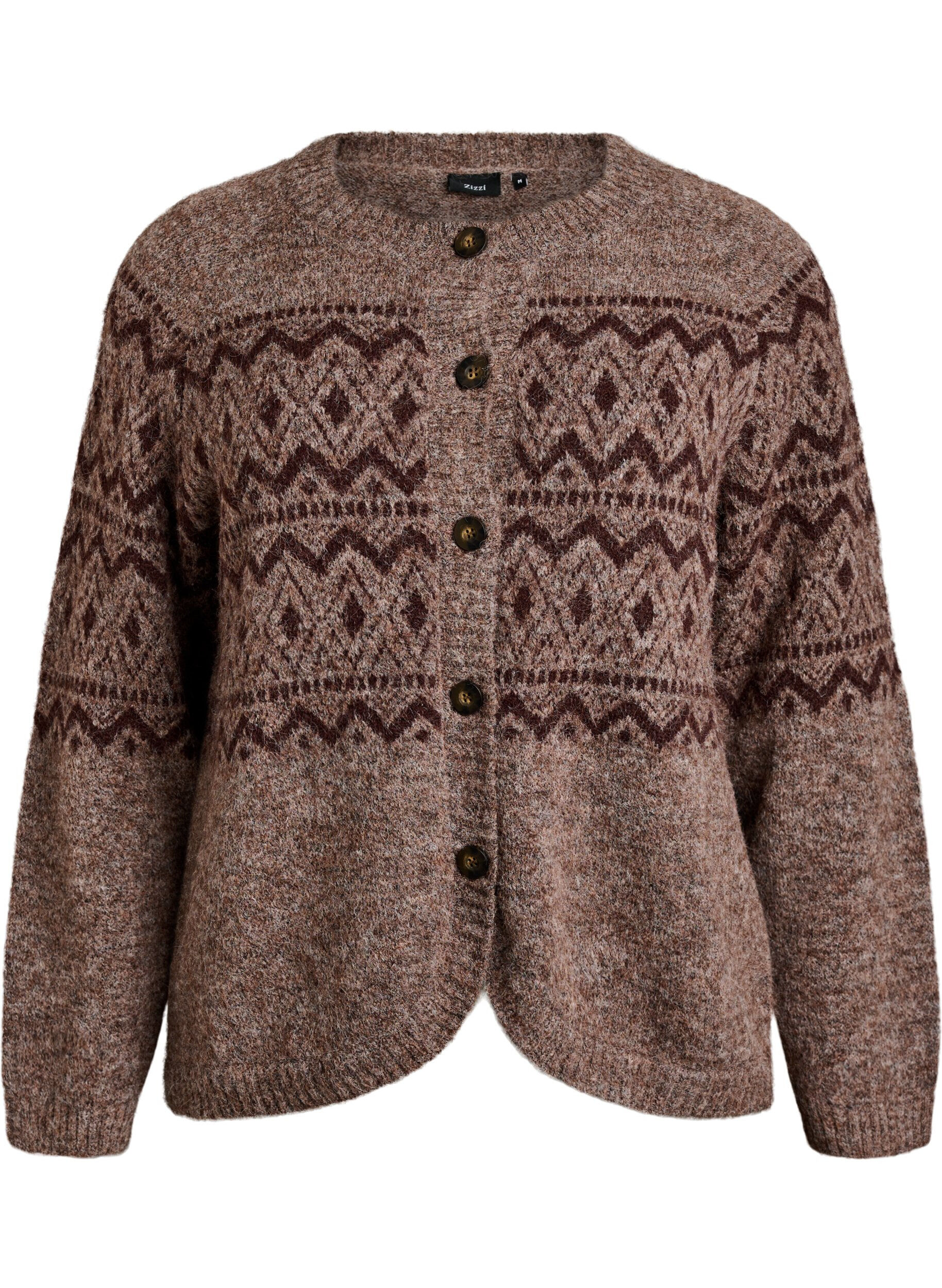 ZizziJacquard-kuviollinen neuletakki, Ruskea, Packshot image number 0