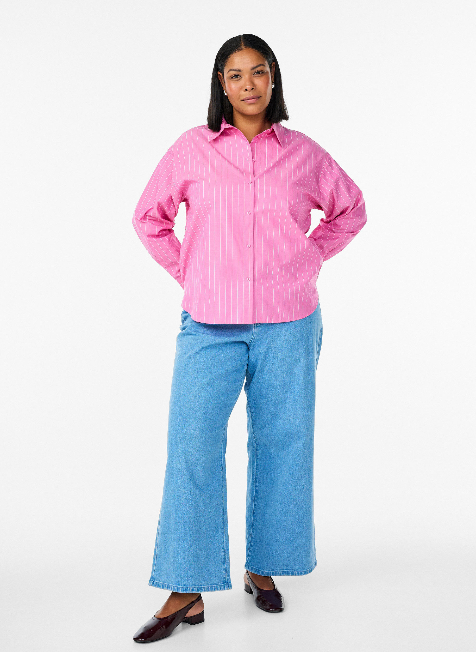 Zizzi Paita ohuilla raidoilla ja sel&auml;n solmimisdetaljilla, Vaaleanpunainen, Model image number 1