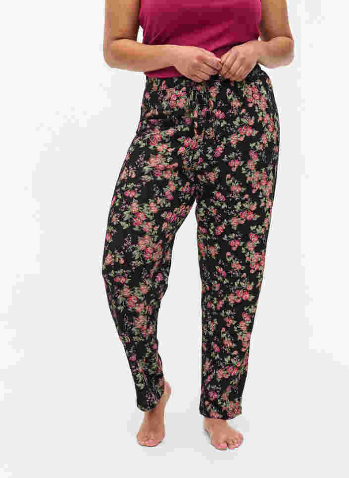 Puuvillaiset yöhousut kukkakuosilla, Black Pink Oran Flow, Model image number 1