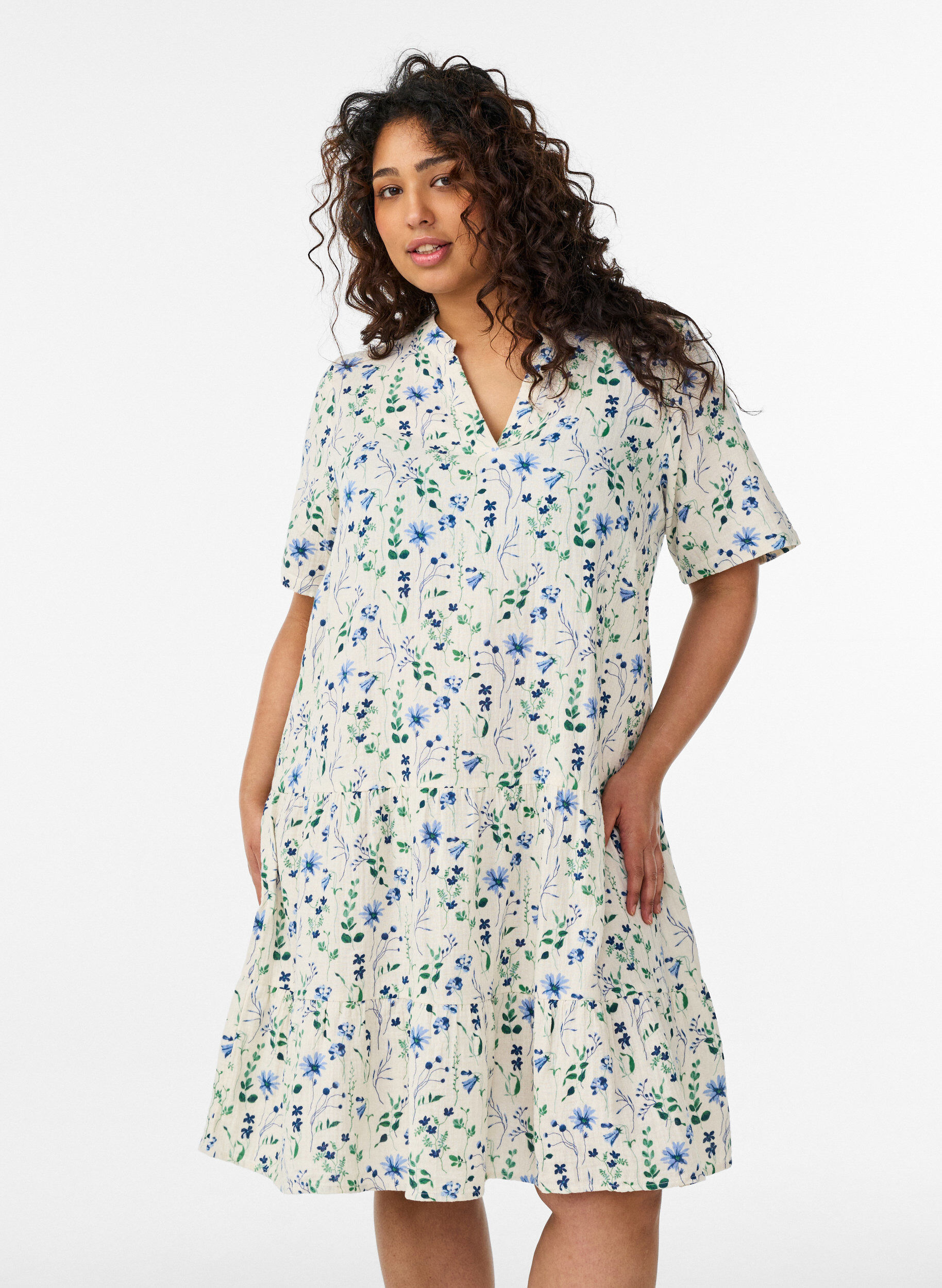 Lyhyt A-linjainen mekko puuvillamusliinista, Beige, Model