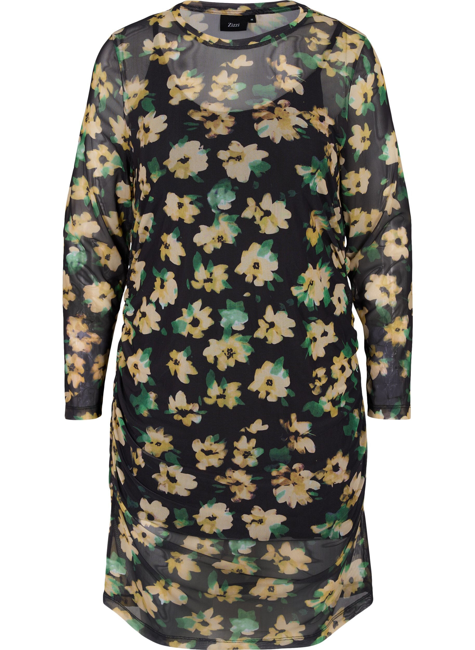 Zizzi Tyk&ouml;istuva mekko mesh-kankaasta 3/4-hihoilla, Yellow Green AOP, Packshot image number 0