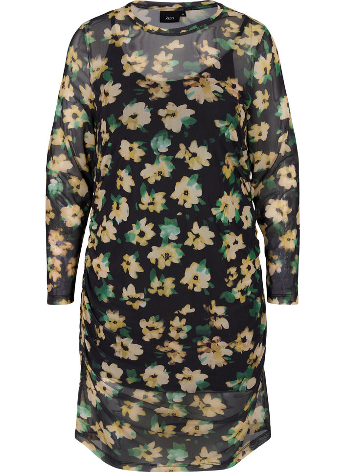 Tyköistuva mekko mesh-kankaasta 3/4-hihoilla, Yellow Green AOP, Packshot image number 0