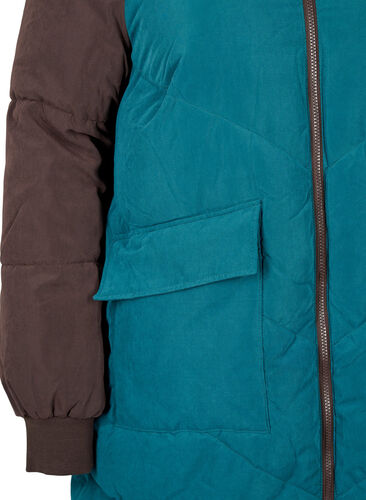 Pitkä colorblock-värinen talvitakki hupulla, Deep Teal Comb, Packshot image number 3