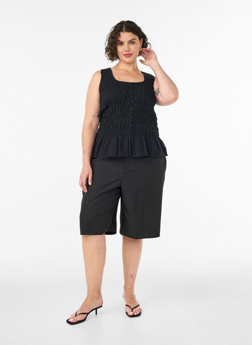 Hihaton puuvilla-pellavatoppi smockilla, Musta, Model image number 1