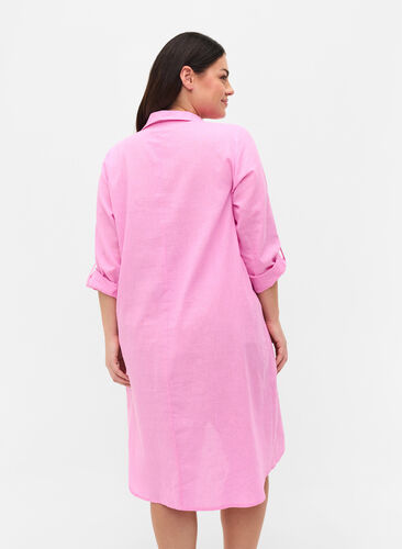 Puuvillasta ja pellavasta valmistettu raidallinen mekko, Begonia Pink, Model image number 1