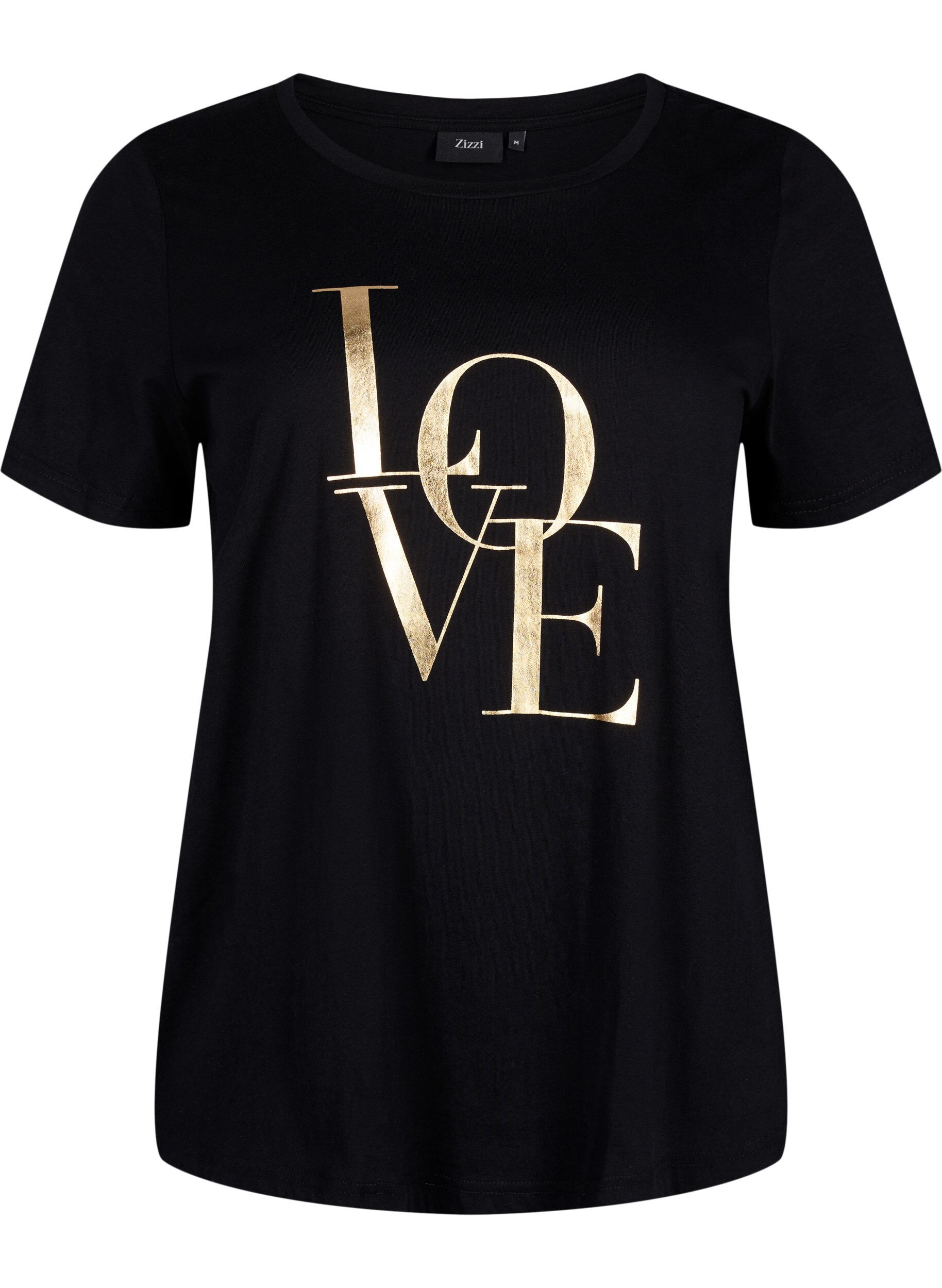 Zizzi Puuvillainen T-paita, jossa on kullanv&auml;rinen teksti, Black w. Gold Love, Packshot image number 0
