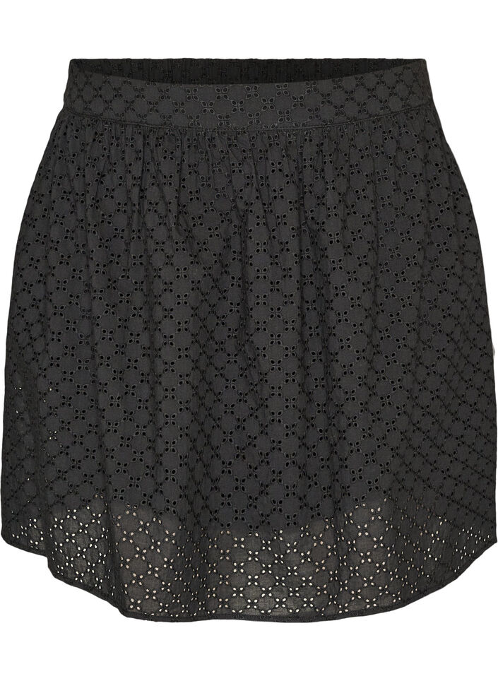 Lyhyt hame broderie anglaise -koristelulla ja joustavalla vy&ouml;t&auml;r&ouml;ll&auml;, Musta, Packshot image number 0