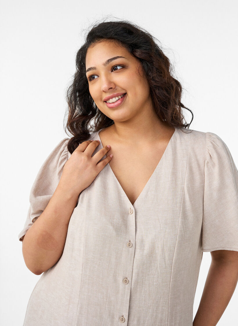 Midimekko pellava- ja viskoosisekoitteesta r&ouml;yhel&ouml;hihoilla, Beige, Model image number 2