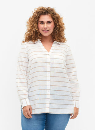 Puuvilla-pellavasekoitteinen paitapusero, jossa on napitus, White Taupe Stripe, Model image number 0