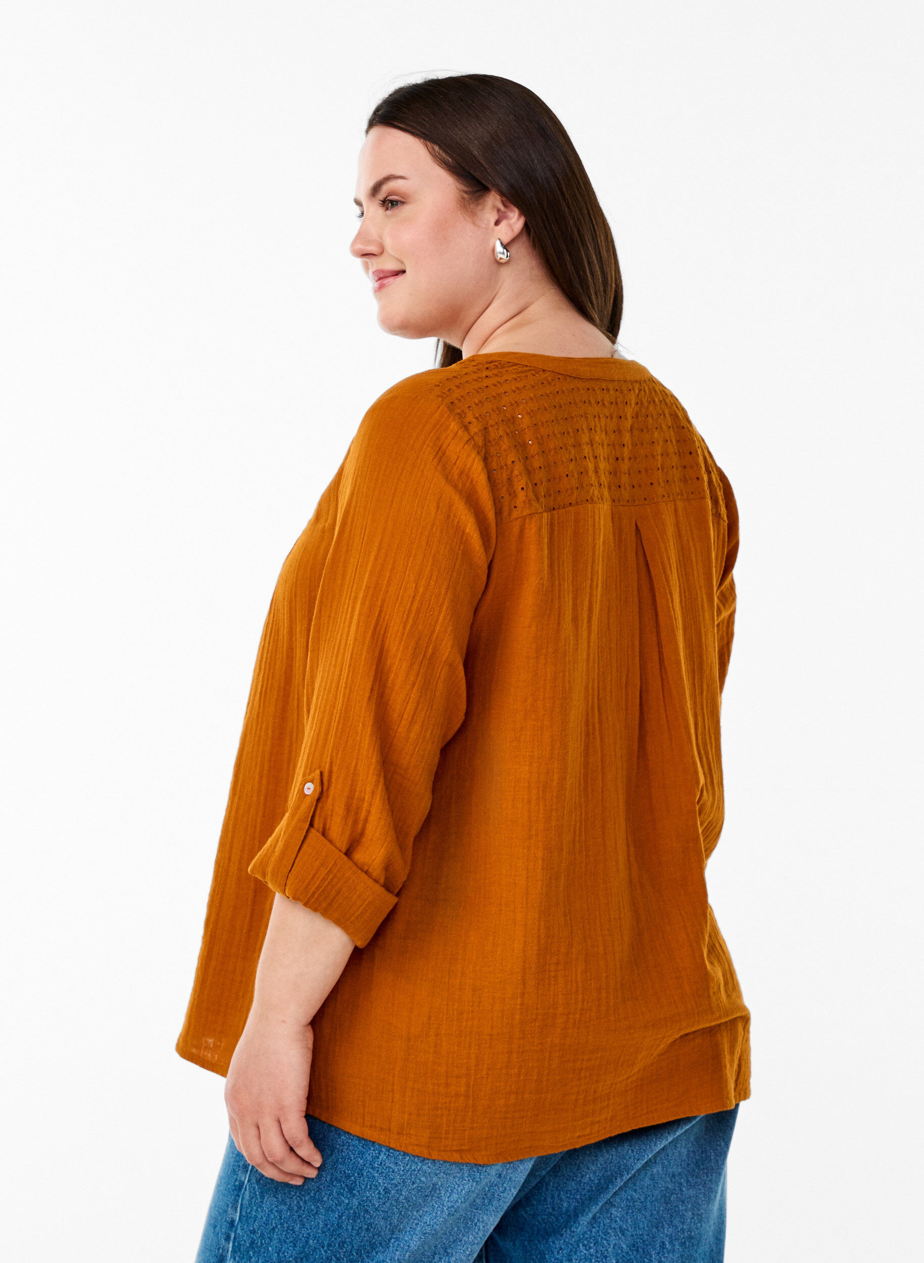 ZizziPaita puuvillamusliinissa, jossa broderie anglaise -kirjailu, Oranssi, Model image number 2