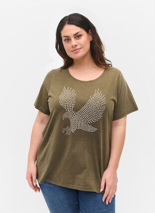 Puuvillainen happopesty t-paita koristekivillä , Ivy Green Wash, Model image number 0