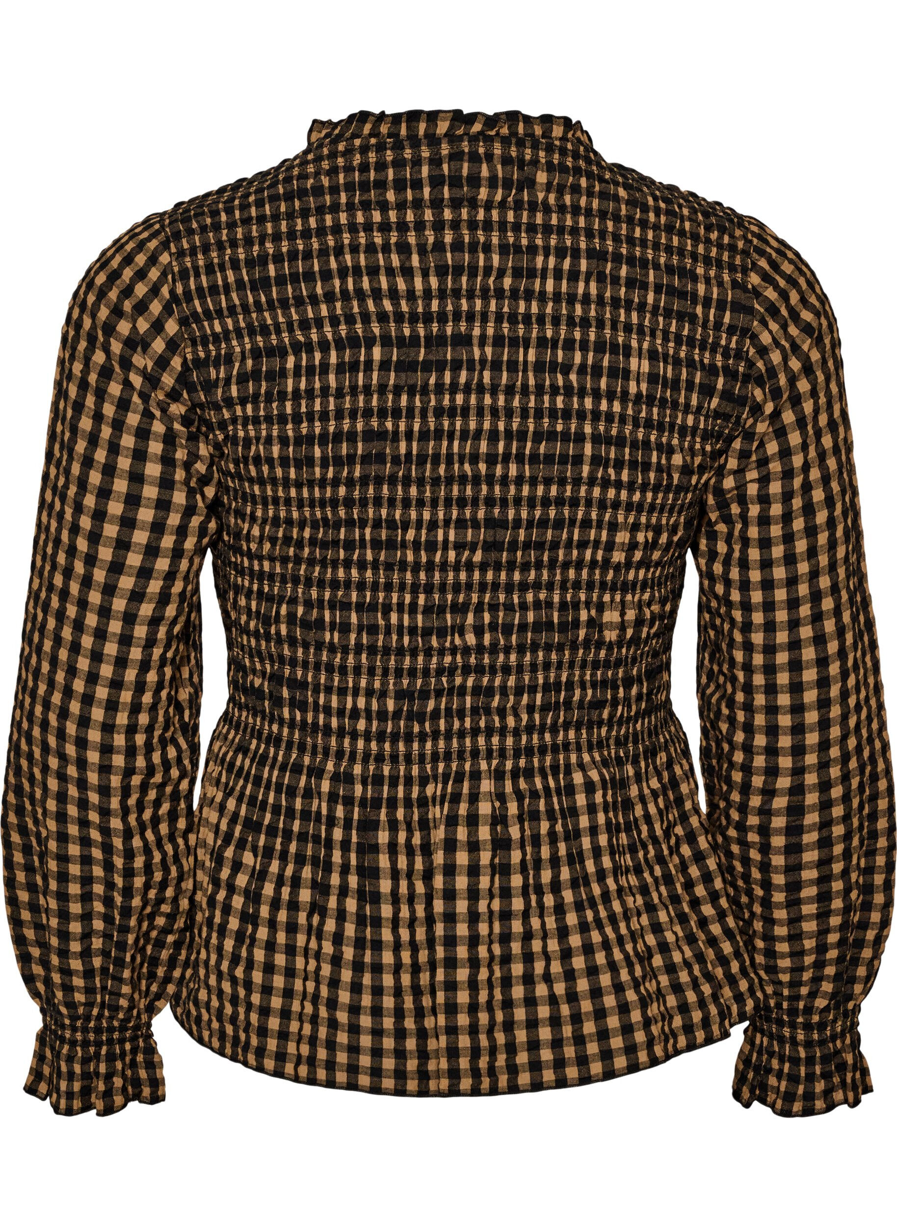ZizziRuudullinen pusero smokkauksella ja peplum-helmalla, Ruskea, Packshot image number 1