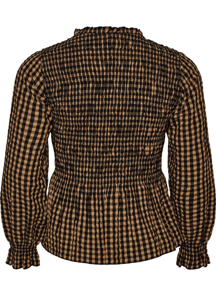Ruudullinen pusero smokkauksella ja peplum-helmalla, Ruskea, Packshot image number 1