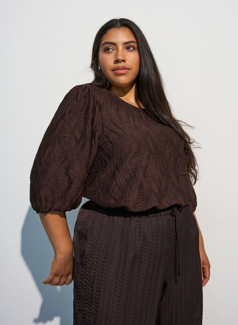 Tekstuuripusero 3/4-hihoilla, Ruskea, Model image number 0