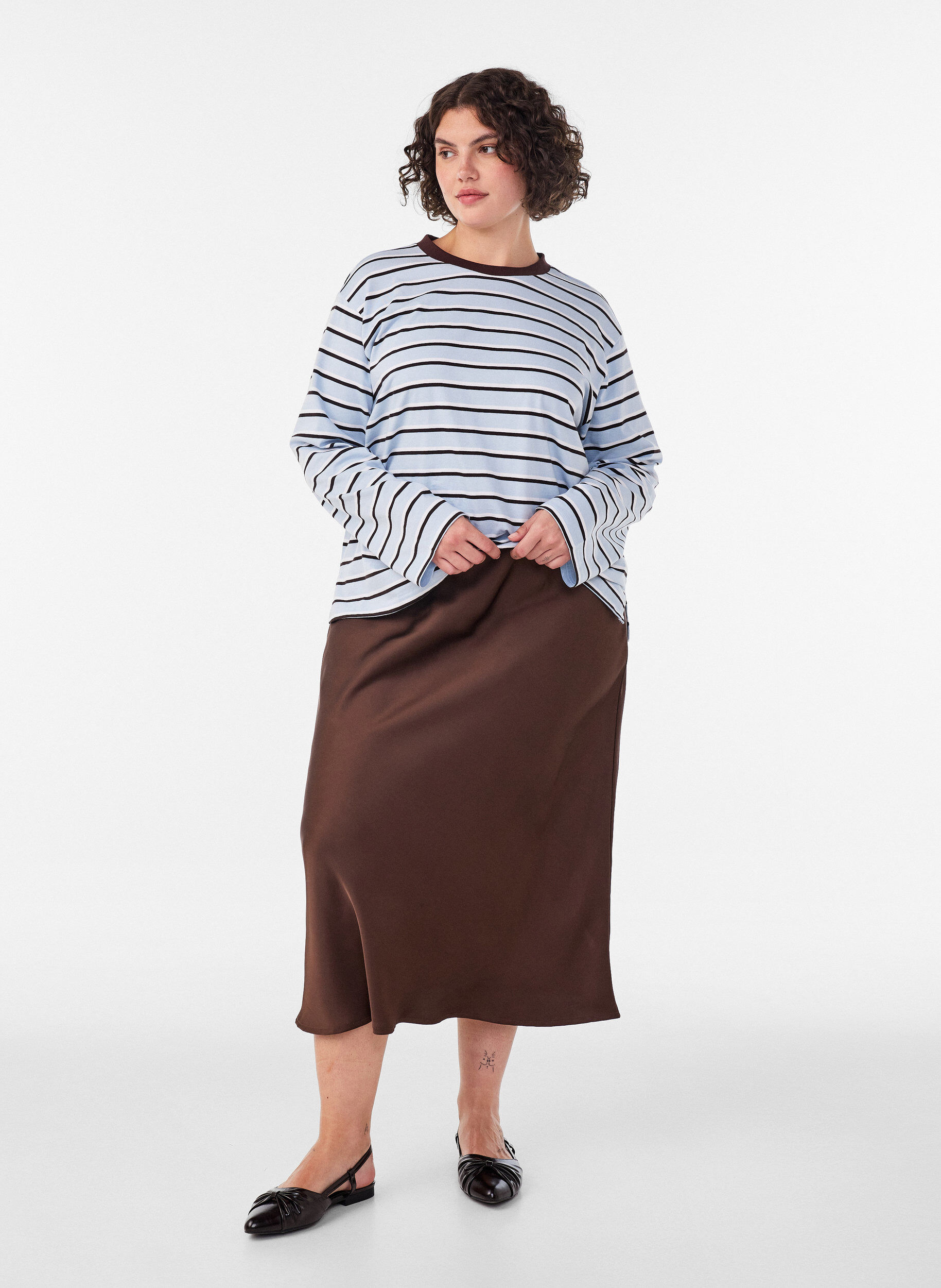 ZizziSatiininen midi-hame, Ruskea, Model image number 0