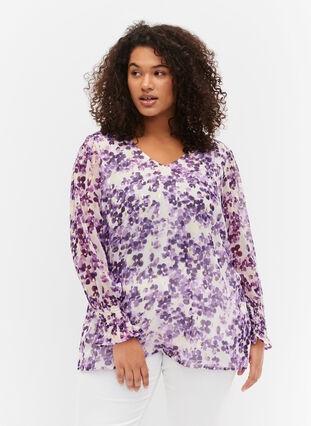 Kuosillinen, v-aukkoinen pusero pitkillä hihoilla, Beige/Purple Flower, Model image number 0